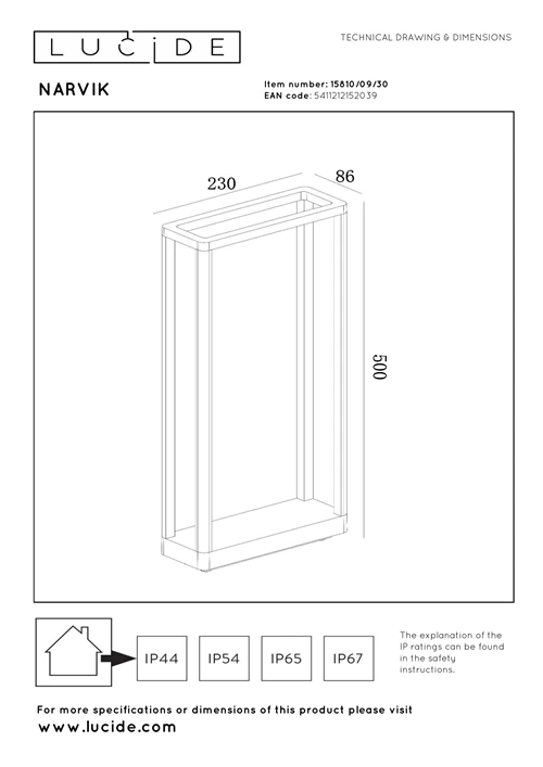 Lucide NARVIK - Borne extérieur - LED - 1x9,2W 3000K - IP65 - Noir - technique